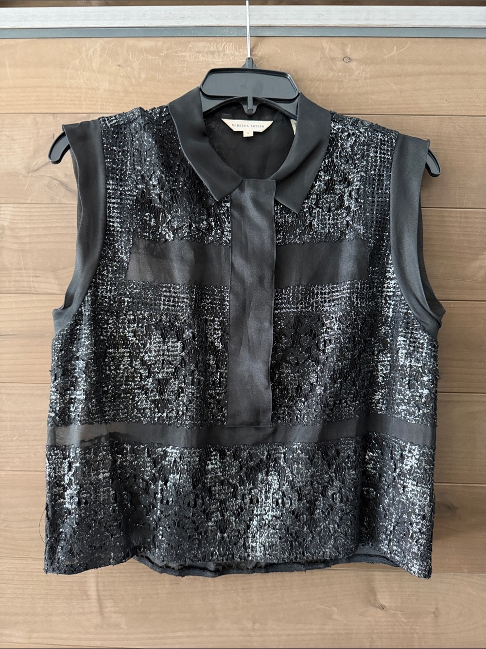Rebecca Taylor Black Lace-Overlay Sleeveless Collared Camisole